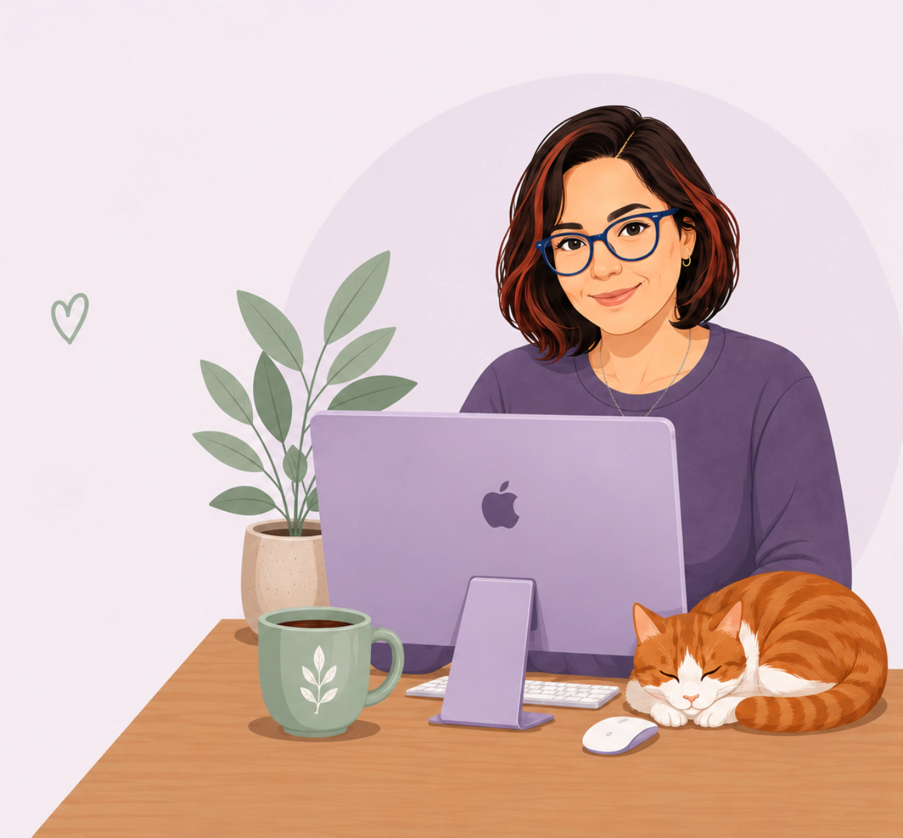 Dana, profesora de inglés, con su ordenador, café y planta