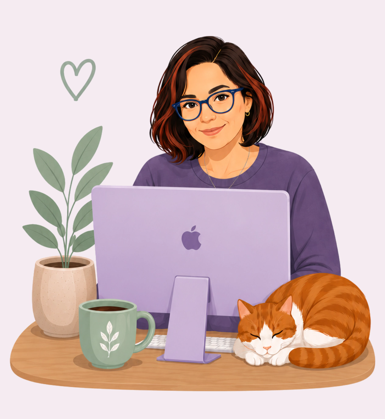 Dana, profesora de inglés, con su ordenador, café y planta