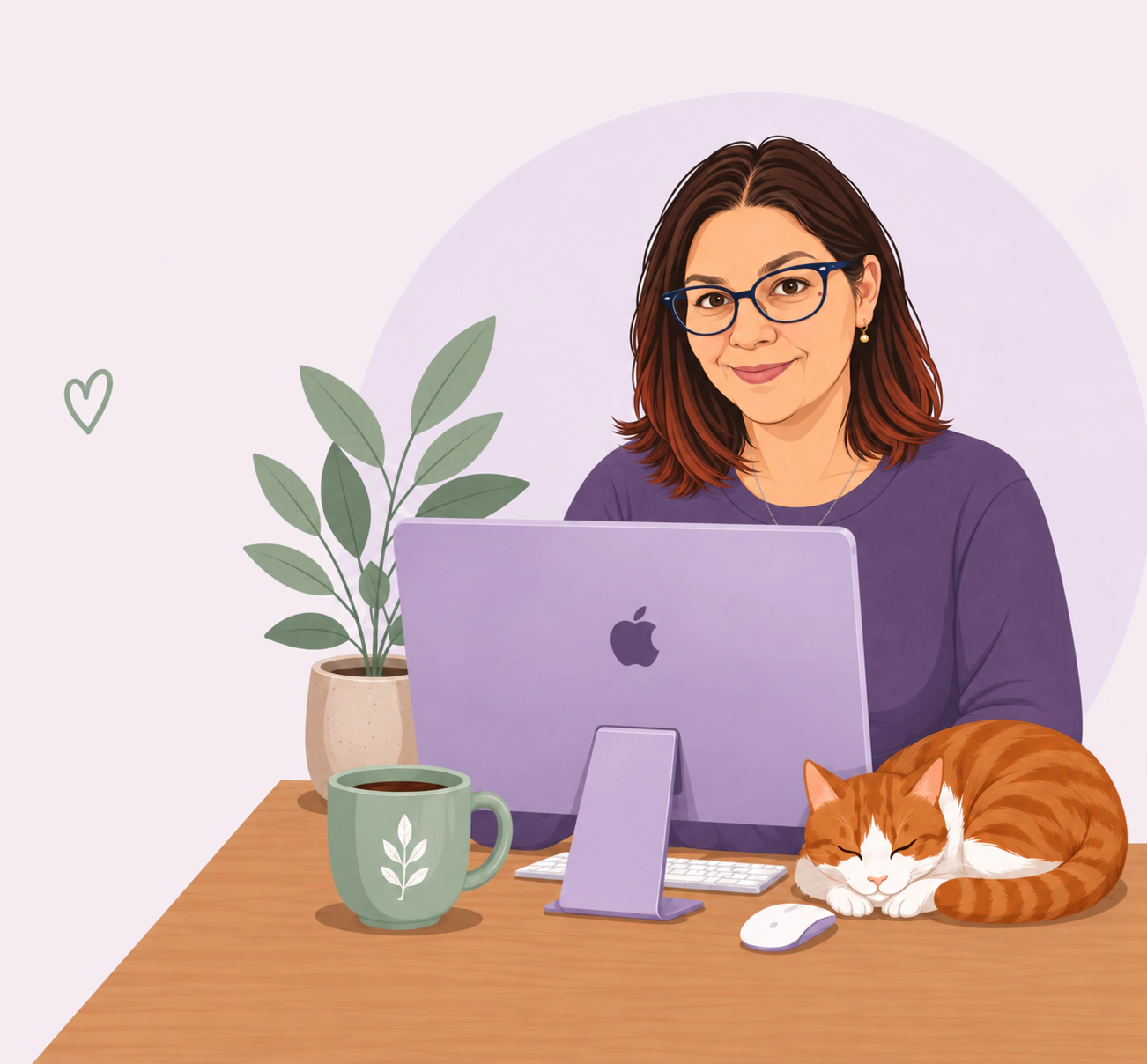 Dana, profesora de inglés, con su ordenador, café y planta