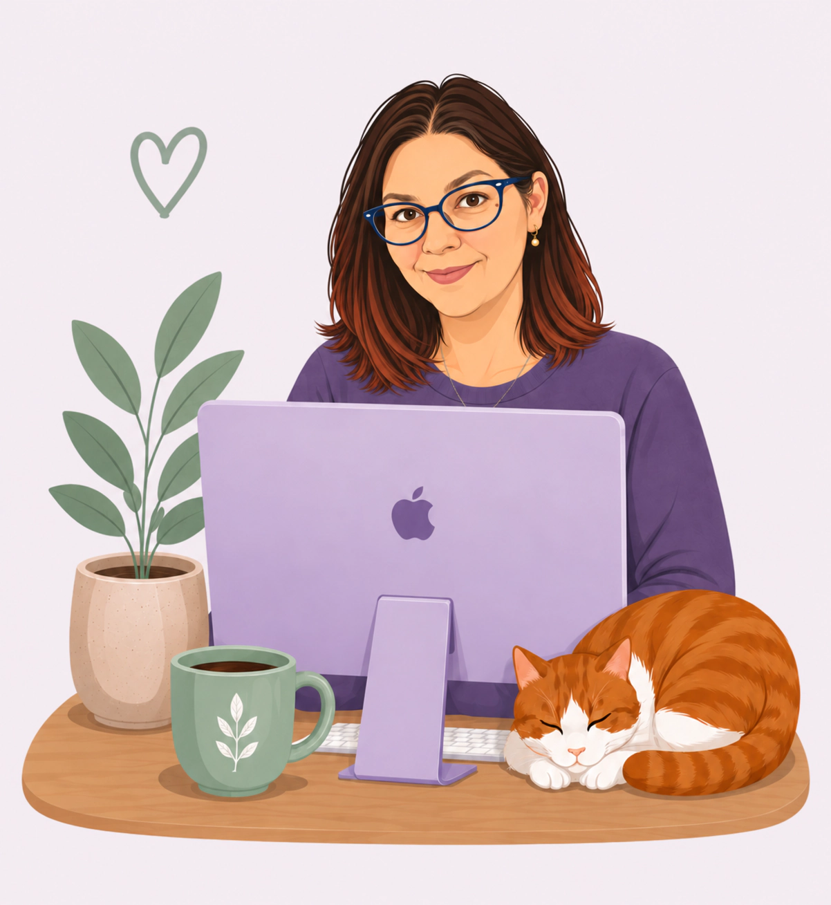 Dana, profesora de inglés, con su ordenador, café y planta